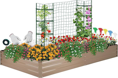 ONCEMORE Galvanized Raised Garden Bed for Vegetables Flowers Herbs, Metal Raised Garden Bed Kit with 2 PCS Tomato Cage, Gloves, Trellis Netting, Plant Labels, Plant Ties, Brown 6×3×1FT