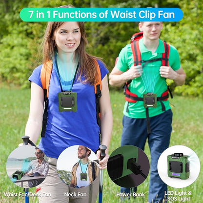 Waist Fan, 10000mAh Rechargeable Belt Clip Fan, 24H Runtime, 49ft/s Strong Airflow, 3-Speed 7-in-1 Hands-Free Personal Fan with Bottom Air Intake and LED SOS Light for Jobsite Outdoor Work