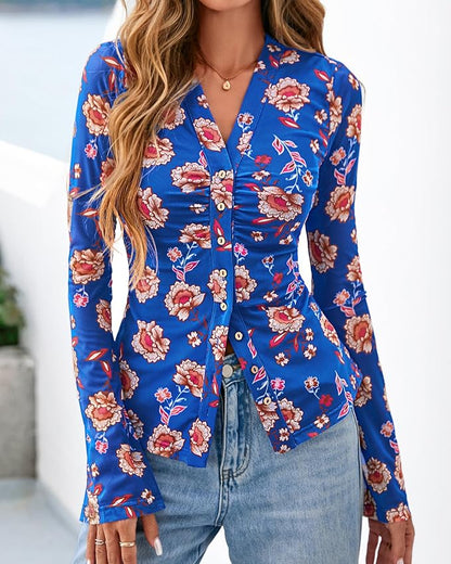 BTFBM Button Down Shirts for Women 2026 Fall Boho Tops V Neck Long Sleeve Blouses Ruched Mesh Fitted Fashion Clothing