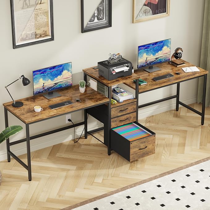 GYIIYUO 93'' Two Person Desk with Charging Station, Long Desk with 3 Drawer | Double Computer Desk with Printer Shelf, 2 Person Writing Study Table Workstation for Home Office, Rustic Brown