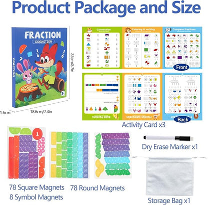 Magnetic Fraction Playbook & Fraction Manipulatives Set, Montessori Magnetic Fraction Book for Kids Grades K-3, Math Manipulatives with Fraction Tiles and Circles, Educational Fraction Games & Puzzle
