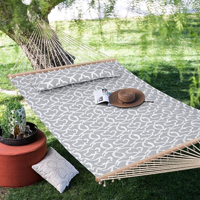 SUNCREAT Double Quilted Hammock with Hardwood Spreader Bar, Extra Large Soft Pillow, Heavy Duty 2 Person Hammock for Indoor, Outdoor, Grey Pattern