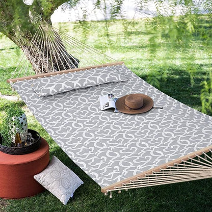 SUNCREAT Double Quilted Hammock with Hardwood Spreader Bar, Extra Large Soft Pillow, Heavy Duty 2 Person Hammock for Indoor, Outdoor, Grey Pattern