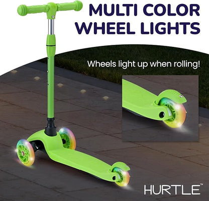 Hurtle Mini Kickboard 3 Wheel Scooter for Kids Ages 2-5 - Lean-to-Steer Toddler Scooter with Light-up LED Wheels, Adjustable Height & Rear Foot Brake for Boys. & Girls, Anti-Slip, Indoor/Outdoor