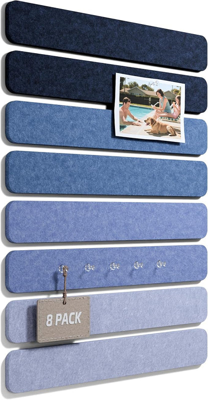 Fluxynara 13" x 2" Felt Wall Panels, Denim Mist | 8-Pack Includes 50 Push Pins and Adhesive Tabs for Photos, Notes and Decor in Bedroom Doors, Home Office or Studios