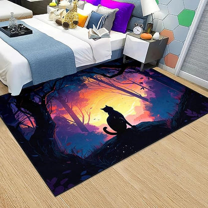 Magic Black Cat Rug - Moon Cat Rug for Girls Room Forestscape Cat Area Rug Black Cat Door Mat Colorful Rug with Black Cat Pattern, 4x5 Feet