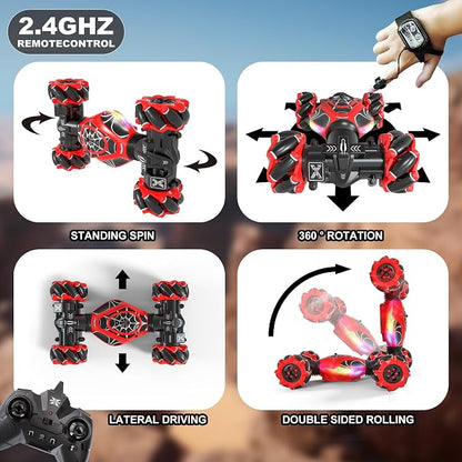 Gesture RC Car Red,1:24 High Speed 4WD Transform Stunt Car with Gesture & Remote Control, 360° Rotation Drift Vehicle with LED Lights Music, Racing Toy Cars Gift for Boys Girls Age 6-12