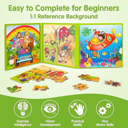 SYNARRY Magnetic Puzzles for Kids Ages 3-5, 20 Pieces Toddler Animal Puzzles for Kids Ages 4-6, Easter Basket Stuffers Gifts for Kids, Car Airplane Road Trip Activities Magnet Games Toy for Boys Girls