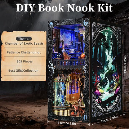 Book Nook DIY Kit,Mysterious Creature Diorama 3D Wooden Puzzle with LED,Bookend Bookshelf Decoration,Miniature Doll House for Home Decor,Chamber of Stranger Beasts