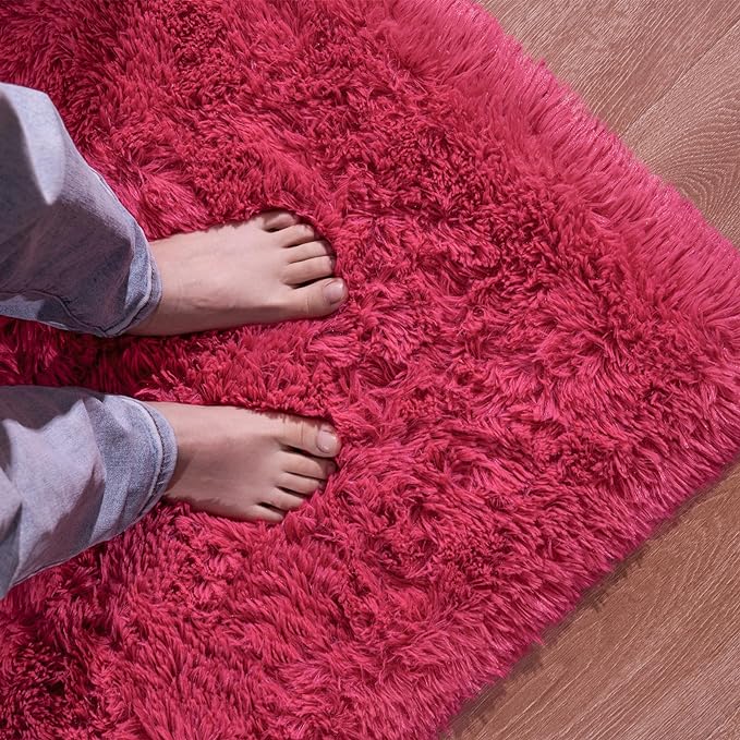 Softlife Rug for Bedroom 4x5.3 Feet Area Rug for Living Room Super Soft Shaggy Rugs for Kids Room Fluffy Fuzzy Carpets Long Plush Bedside Rug Nursery Christmas Home Decoration for Boys Girls, Rose Red