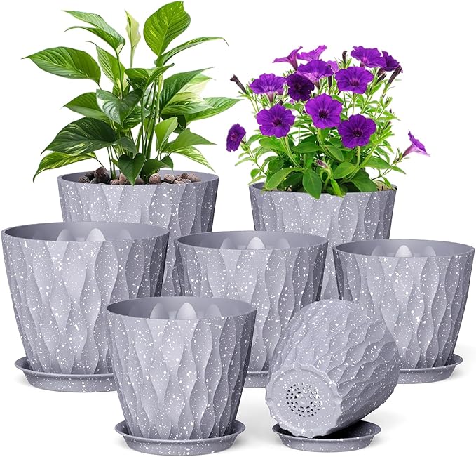 7/6.5/6/5.5/5/4.5/4 inch Plant Pots for Indoor Outdoor Plants, 7 Pack Thick Flower Pots with Drainage Holes and Saucers, Modern Wave Texture Plastic Planters Nursery Pots, Speckled Grey