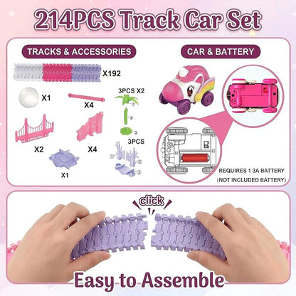 Race Car Tracks Toy Set for Girls Age 3-8, 214PCS Pink Princess Cars Toys | with Monster Truck & Magic Bendable Train Tracks, Flexible DIY Raceway Set for Toddler Girls Christmas Birthday Gifts