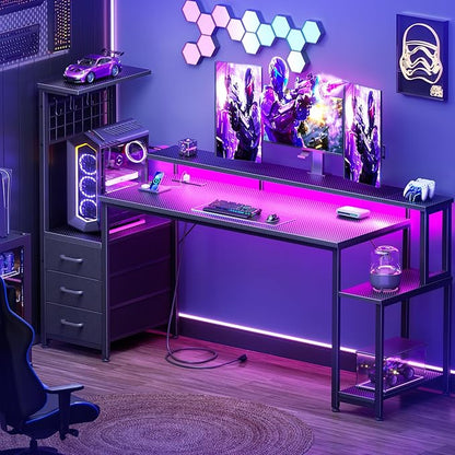 Korfile 63 Inch Gaming Desk with Bluetooth LED Lights & Power Outlets,Computer Desk with Fabric Drawers & Hooks,Reversible Gamer Table with Monitor Stand for Game Room,Home Office,Carbon Fiber Black | Reversible，Computer Desk, Gamer Table, Bluetooth LE...