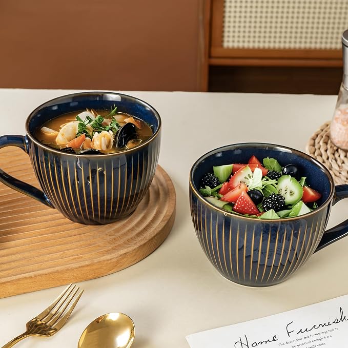 Ceramic Coffee Mugs with Handles, 24 oz Coffee Cups, Vertical Stripe Blue | Large Soup Bowl for Hot Chocolate, Cappuccino, Ramen, Oatmeal, Soup Mugs with Handles, Microwave & Dishwasher Safe