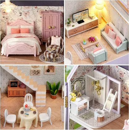 CUTEROOM Dollhouse Miniature with Furniture, DIY Wooden Dollhouse Kit Plus LED Lights, Creative Room for Valentine's Day Gift Idea (D032)