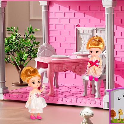 JUKUDAHU Villa Playset for Girls Ages 3-7, Indoor Playset Girls Toys with 2 Storeys 3 Rooms 2 Dolls for Ages 6-8, Furniture and Accessories, Pretend Toddler Toy, Birthday Gifts for Kids 3 4 5 6 7 8