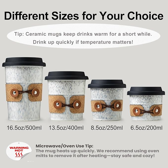 Coffee Tumbler Ceramic Travel Coffee Mug with Lid, Large Coffee Cup | Porcelain Wide Mouth Coffe Mug, Reusable Tea Mug, Microwave and Dishwasher Safe, Coffee Gifts for Men & Women, 13.5 oz
