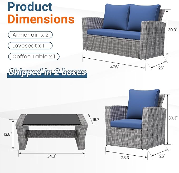 Wisteria Lane 4 Piece Patio Furniture Set, Wicker Outdoor Patio Conversation Furniture Set, All Weather Outdoor Patio Sofa with Cushion and Glass Table, Blue