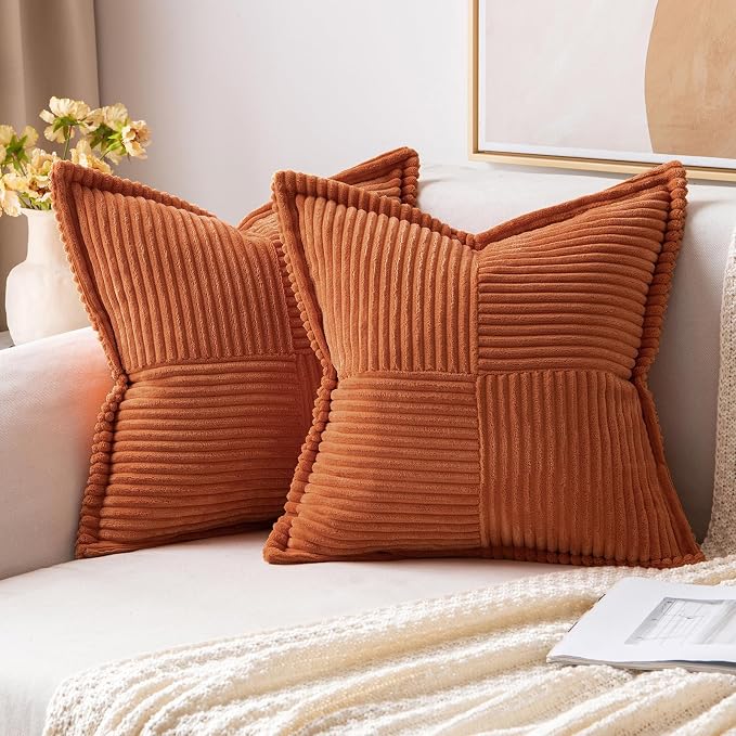 MIULEE Fall Rust Decorative Throw Pillow Covers for Couch Bed Livingroom 12x12 Inch Set of 2 Boho Accent Throw Pllows Broadside Striped Patchwork Soft Corduroy Pillowcases, Terracotta