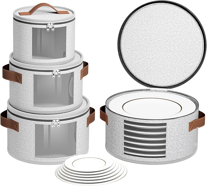 Foyego China Storage Containers, Light Gray, 4 Piece Set | with Lid, Handles & Visible Window, Stackable Moving Boxes for Plates Storage, Sturdy Dish Packing Supplies for Protection
