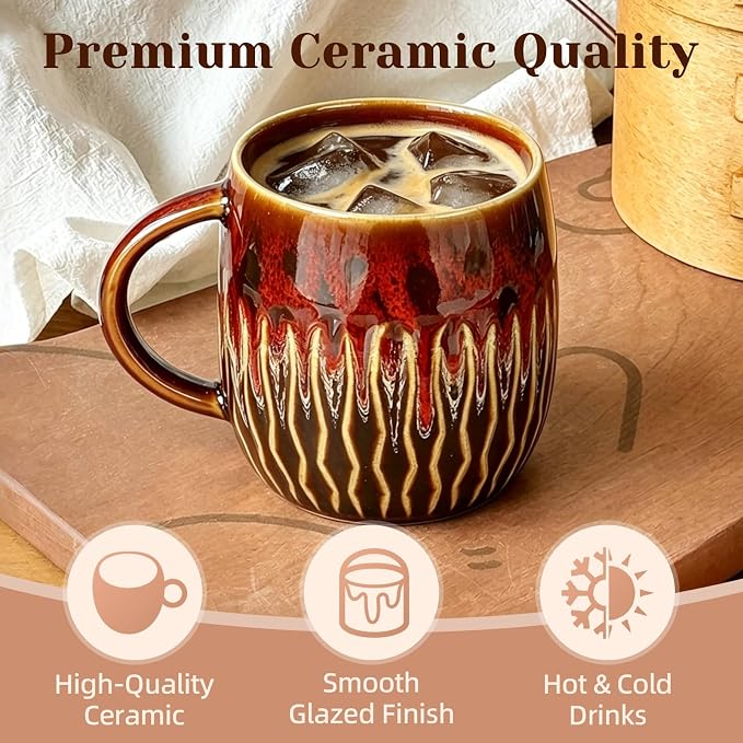 20oz Large Ceramic Coffee Mugs Unique Big Pottery Coffee Mug Microwave Safe Cool Stoneware Cups for Tea Latte Oversized Mug With Handle for Home Red Wide Clay Mugs for Men Fancy Handmade Ceramic Cup
