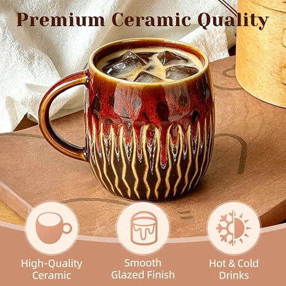 20oz Large Ceramic Coffee Mugs Unique Big Pottery Coffee Mug Microwave Safe Cool Stoneware Cups for Tea Latte Oversized Mug With Handle for Home Red Wide Clay Mugs for Men Fancy Handmade Ceramic Cup