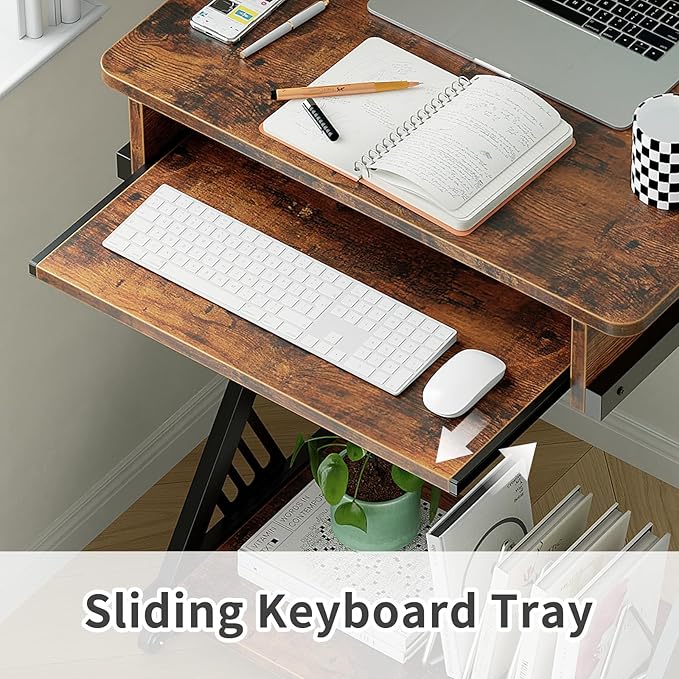 ALISENED Computer Desk for Small Spaces, 23.6" Z-Shaped Compact Study Table with Smooth Keyboard Tray with Wheels and Bottom Shelves for Home Office, Computer Cart Mobile Laptop Cart, Rustic Brown | 23.6" Z-Shaped, with Wheels and Bottom Shelves, for H...