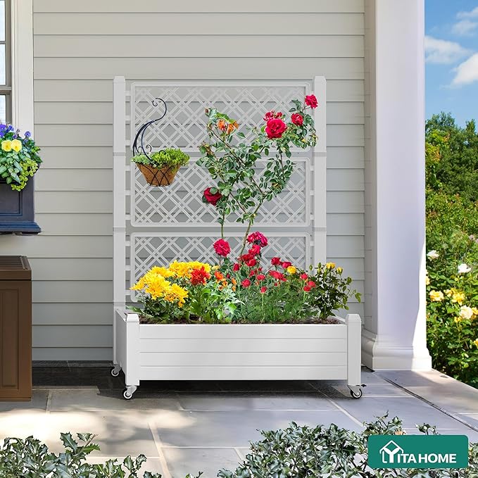 YITAHOME 43.3x17.7x61 in Planter Trellis Box with Wheels & Drain Plug, Outdoor Resin Raised Garden Bed for Climbing Plants, Large Weather-Resistant Design, Grayish-White