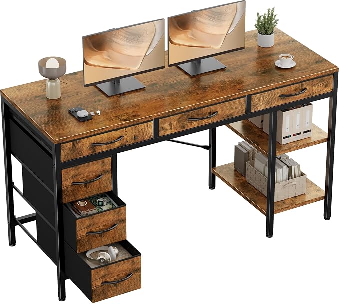 Sweetcrispy 55" Computer Desk with 6 Fabric Drawers & Storage Shelves | Reversible Gaming Desk, Office Desk, Computer Workstation, Corner Desk with Storag, Home Office, Living Room, Rustic Brown