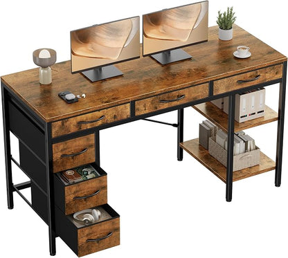 Sweetcrispy 55" Computer Desk with 6 Fabric Drawers & Storage Shelves | Reversible Gaming Desk, Office Desk, Computer Workstation, Corner Desk with Storag, Home Office, Living Room, Rustic Brown