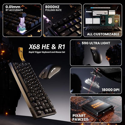 ATTACK SHARK X68 HE 60% Wired RT 8K Keyboard and Wireless R1 Mouse-Black | Adjustable Actuation,Hall Effect Mechanical Magnetic Switch,Coiled Cable,USB C/2.4Ghz/BT Ultralight 18K DPI Mice for PC Gamer