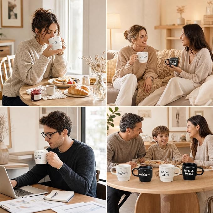 10oz Stackable Coffee Mugs Set of 4, Modern Ceramic Coffee Mug | Coffee Cup for Man, Woman, Dad, Coffee Mug Set for Hot Drinks, Coffee, Cocoa & Tea, Latte Mugs Cup Set for Home & Office Use