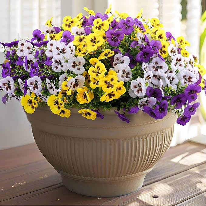 36 Pcs Artificial Fake Pansy Flowers for Outdoor, Faux Silk Pansies Spring Flowers for Outside for Planter Front Door Porch Yard Patio Window Box Home Decor (36, Purple, Yellow, White)