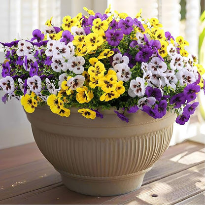 36 Pcs Artificial Fake Pansy Flowers for Outdoor, Faux Silk Pansies Spring Flowers for Outside for Planter Front Door Porch Yard Patio Window Box Home Decor (36, Purple, Yellow, White)