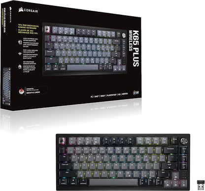 Corsair K65 Plus Wireless 75% RGB Mechanical Gaming Keyboard – Pre-Lubricated MLX Red Linear Switches – PBT Dye-Sub Keycaps – PC, Mac, PS5, PS4, Xbox, iPad – QWERTY NA – Black/Gray