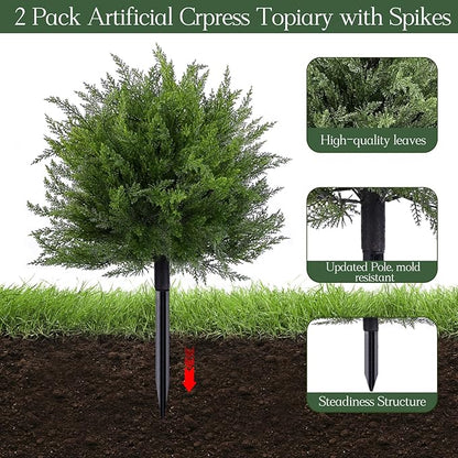 Artificial Topiary Bushes for Outdoors with Spike, Boxwood Ball Fake Shrubs UV Resistant Faux Plants for Indoor Outdoor Fall Thanksgiving Halloween Decor (Cedar Topiary Ball Trees)
