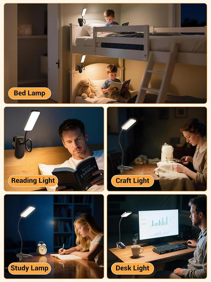 Clip on Light,9 Brightness+5 Color Rechargeable Lamp,48 LED Small Desk Lamp | 4000mAh Battery Powered Lamp,450 Lumen Clamp Light, Wireless & Cordless Book Reading Light for Bed/Bedside Table/Bedroom/Dorm