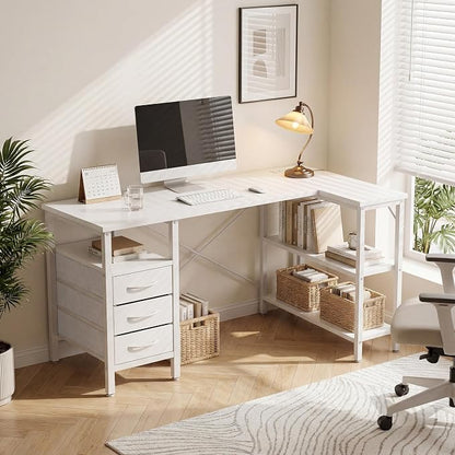Alpen L Shaped Gaming Desk with Power Outlets, 47 Inch Computer Desk with 3 Drawers and Shelves, Corner Desk for Gaming, Study Writing PC Table with Storage and Reversible Shelf, White