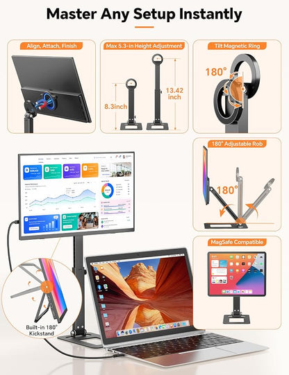 HotYeah Travel Portable Monitor with Stand, w/Magnetic Stand & Speaker | 15.6" 1080P 125% sRGB USB-C HDMI HDR External Display, 2nd Screen for Laptop MacBook Computer Phone Tablet Switch PS5 Xbox