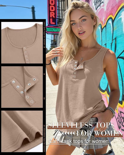 Ficerd 3 Pack Women's Henley Tank Tops Sleeveless Button Down Summer Shirts 2026 Casual Trendy Loose U Neck Tee Blouses