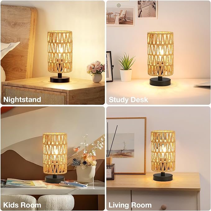 Fenmzee Table Lamps (Rattan Rope Shade - Black Base, 9" Inline Control) | 3000K LED Blub Included | 680 Lumens | Easy Assembly | Minimalist Design | E26 | for Kitchen | for Kids Room
