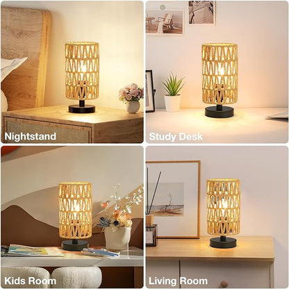 Fenmzee Table Lamps (Rattan Rope Shade - Black Base, 9" Inline Control) | 3000K LED Blub Included | 680 Lumens | Easy Assembly | Minimalist Design | E26 | for Kitchen | for Kids Room