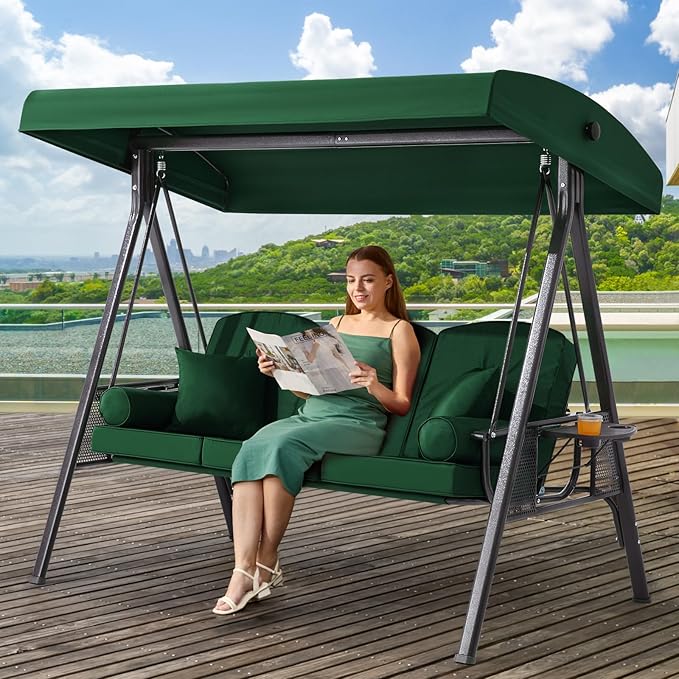 3 in 1 Outdoor Porch Swing with Canopy, 3 Seat Outdoor Swing for Adults, Patio Swing Chair with Thickened Cushions,Pillows & Cup Holders for Backyard, Porch, Garden (Green)
