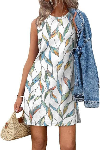 WIHOLL Casual Dresses for Women Crewneck Sleeveless Tank Dress Summer Spring Boho Vacation Clothes