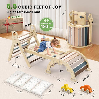 BlueWood Pikler Triangle Set with Cushion - Climbing Toys for Toddlers 9-in-1, Montessori Philosophy Play Jungle Gym with Arch, Ramp, Ladder (Pink)