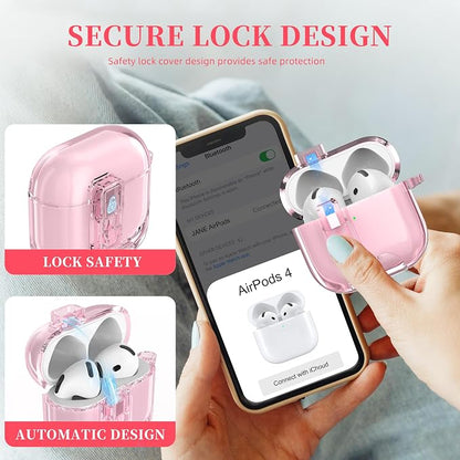 for AirPods 4th Generation Case Cover 2024, Military-Grade Shockproof Transparent Anti-Yellowing, Charging Port Dust-Proof & Stand Design with Cleaning Kit for AirPods 4 Case, Crystal Pink