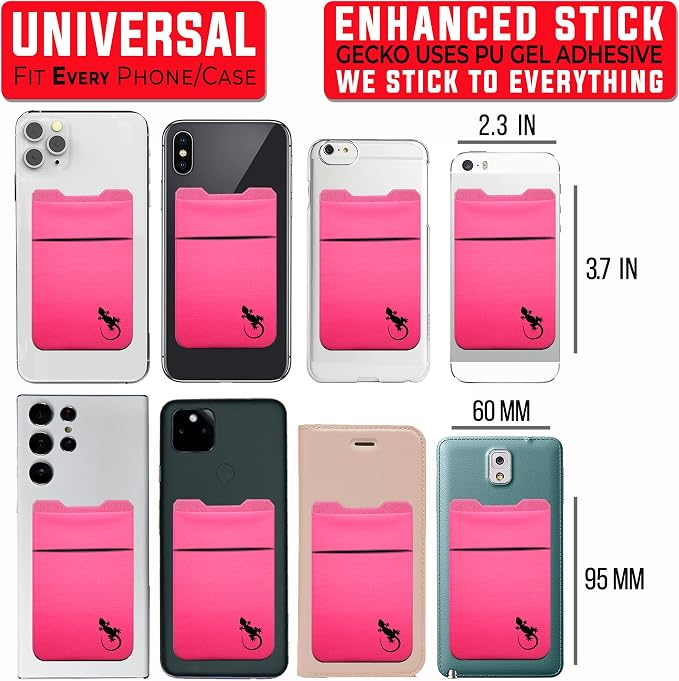 Gecko Travel Tech Double Pocket - Adhesive Card Holder - Cell Phone Pouch - Stick on Spandex Pocket - Carry Credit Cards and Cash (PINK BLACK)