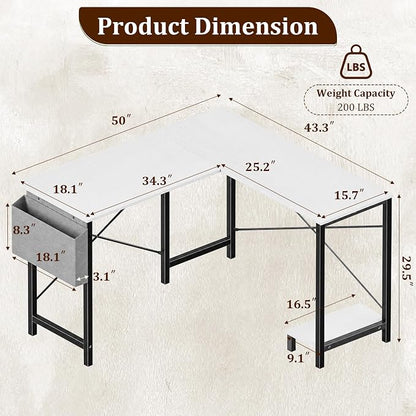 Alpen Corner Desk, L Shaped Gaming Desk with Storage Pocket and CPU Stand, Work Desk for Home Office, Small Corner Study Writing Table with Sturdy Metal Frame, 50 Inch, Classic White