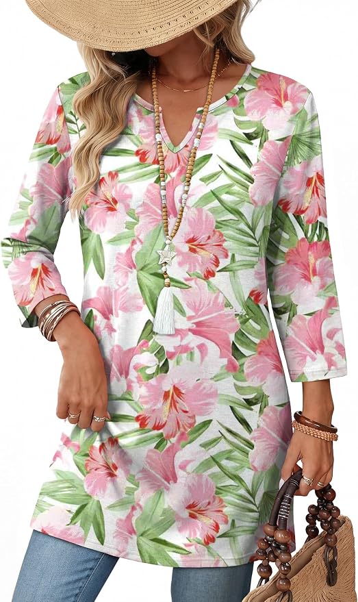 OFEEFAN Summer Boho Tops For Women 3/4 Length Sleeve Womens Tops Vacation Outfits