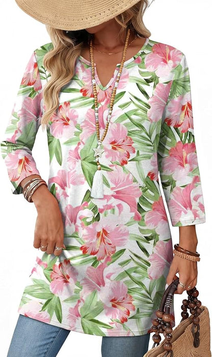 OFEEFAN Summer Boho Tops For Women 3/4 Length Sleeve Womens Tops Vacation Outfits